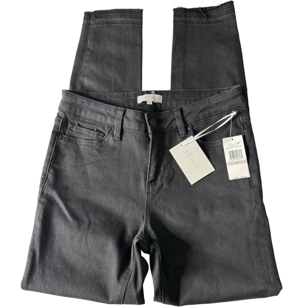 1.STATE Frayed Released Hem Skinny Black Jeans Womens Size 27 Super Wash Denim - Picture 5 of 12